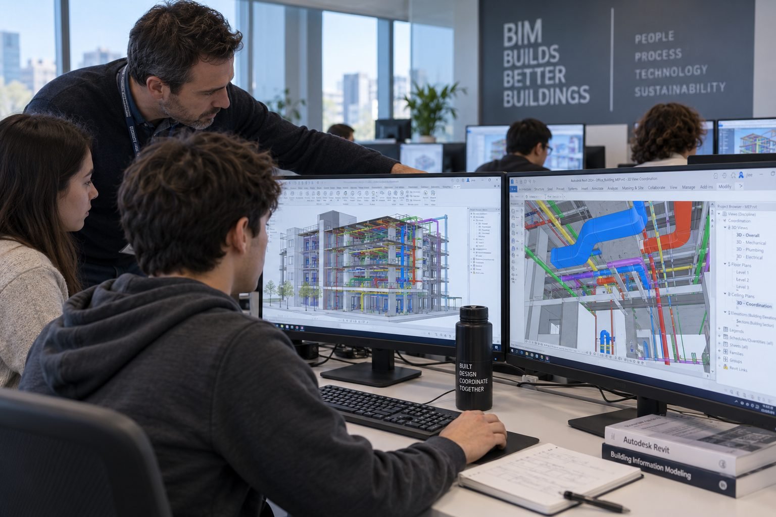 Students working on Revit models in the Coders Universe training lab